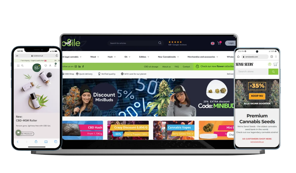 Cannabis shops shown on a laptop and two phones